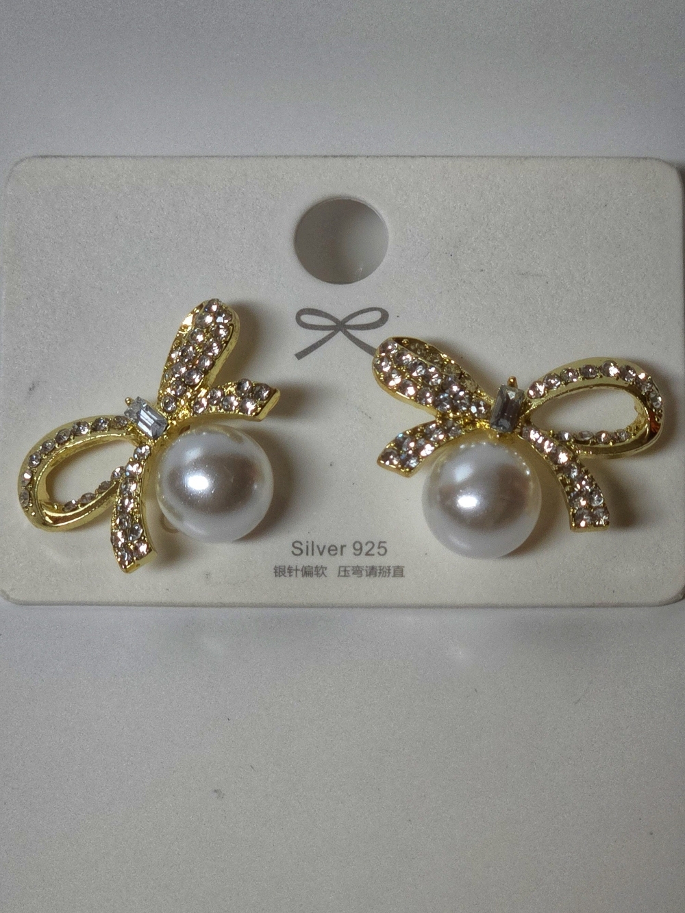 Sliver 925 Gold Tone Rhinestone Bow White Fuax Pearl Earrings